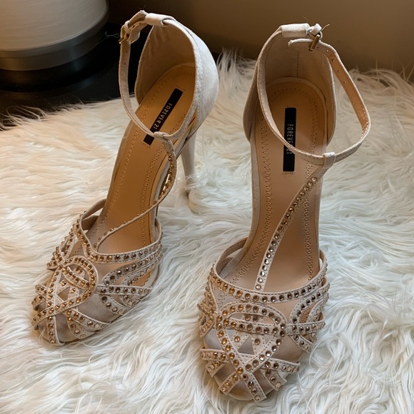Forever 21 Shoes - Forever 21 Nude Sandal Heels with Crystals sz 7